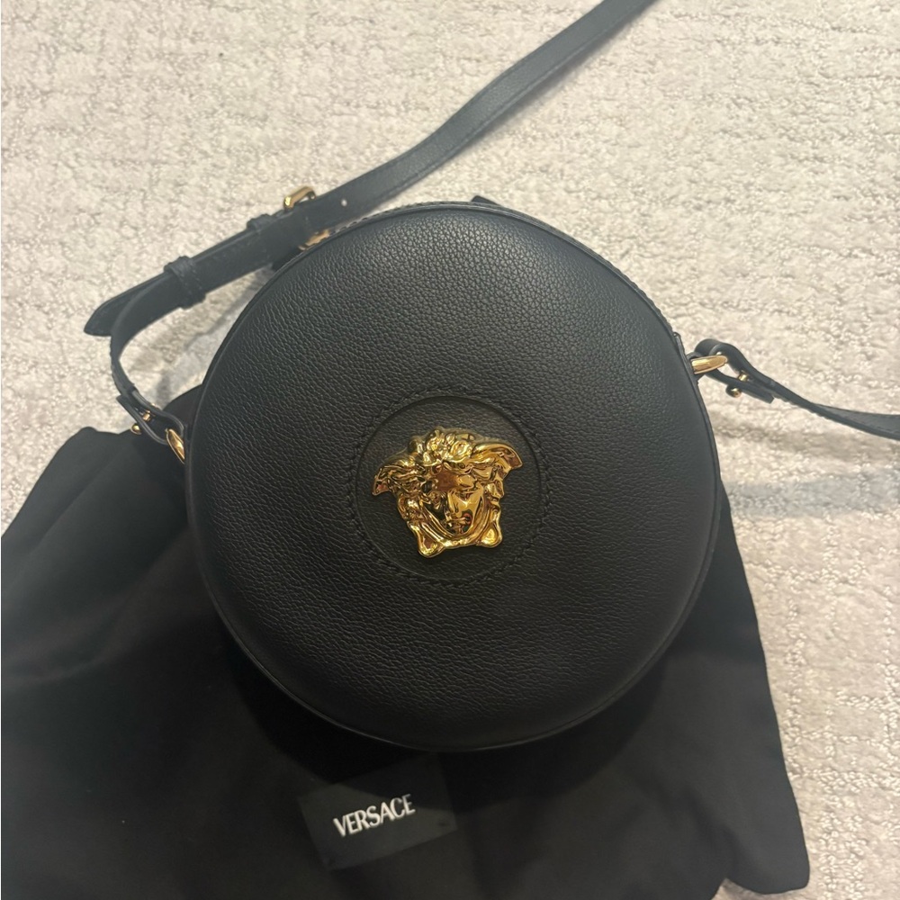 Versace Round Black Crossbody Bag with Gold Medusa